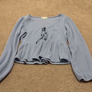 Moa Moa Light Blue Ribbed Peplum Blouse